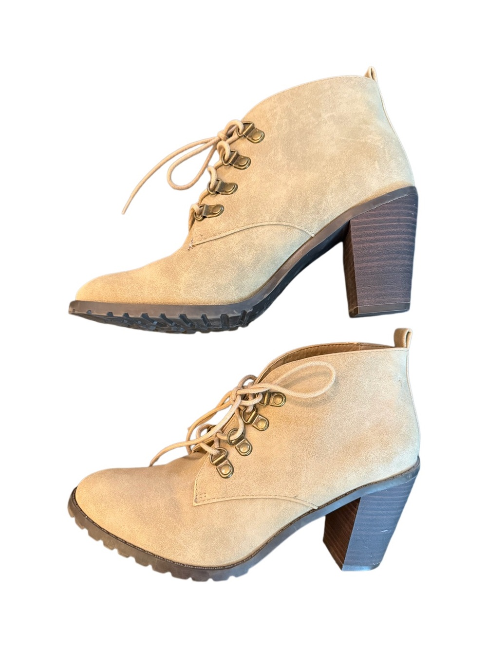 Restricted Beige Suede-Look Lace-Up Block Heel Ankle Boots
